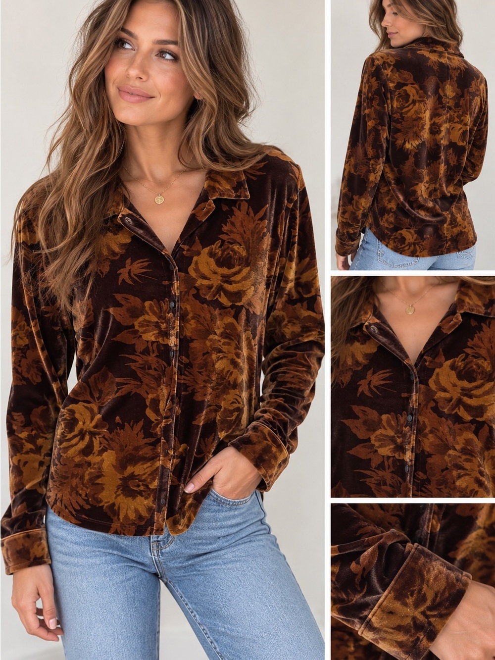 Vintage JM Jennifer Moore Brown Floral Velvet Button Down Shirt XL